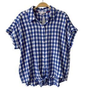 Jane + Delancey Blue Gingham Knotted Hem Shirt Women L Button Up Cowgirl Rodeo